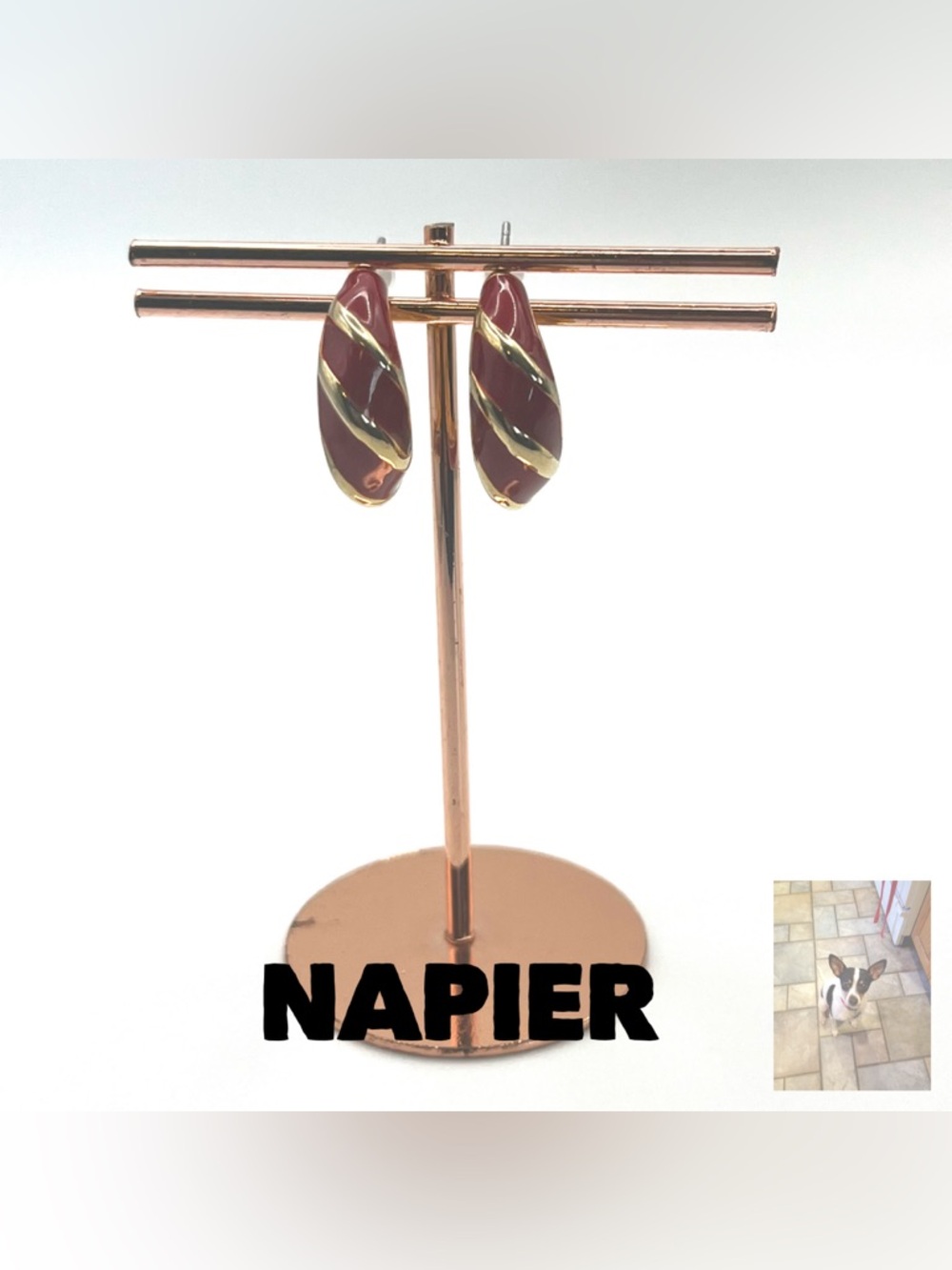 Napier Red Enamel Pierced Gold Tone Earrings